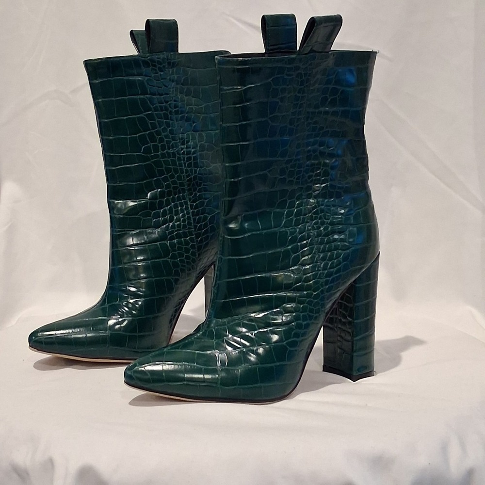 Emerald Green Croc Embossed Leather Block Heel Pointed Toe Mid Calf Boots